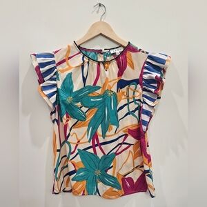 THML Multicolor Floral Abstract Blouse Small Ruffle Sleeve Eyelet Trim Pom‎ Pom
